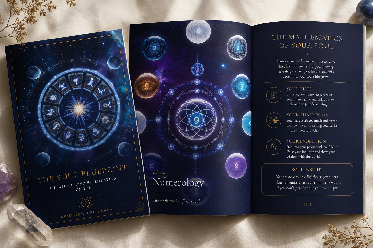 Soul Blueprint cover with astrological wheel and Numerology page