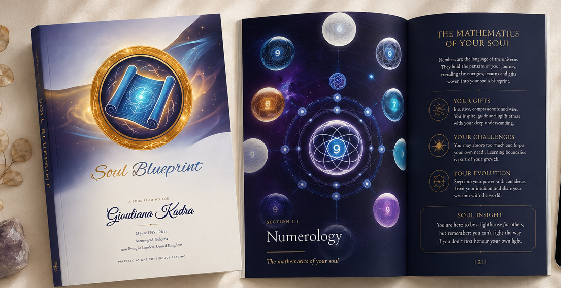Personalised Soul Blueprint spread showing cover and cosmic numerology diagram